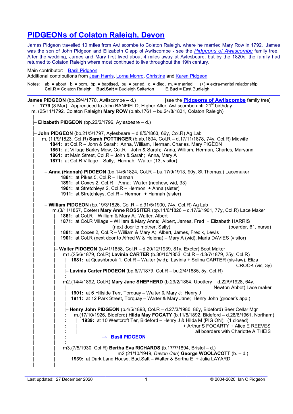 Pidgeons of Colaton Raleigh, Devon James Pidgeon Travelled 10 Miles from Awliscombe to Colaton Raleigh, Where He Married Mary Row in 1792