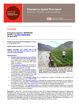 Emergency Appeal Final Report Bolivia: Floods and Landslide