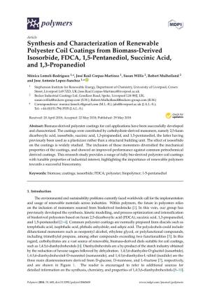 Synthesis and Characterization of Renewable Polyester Coil Coatings from Biomass-Derived Isosorbide, FDCA, 1,5-Pentanediol, Succinic Acid, and 1,3-Propanediol