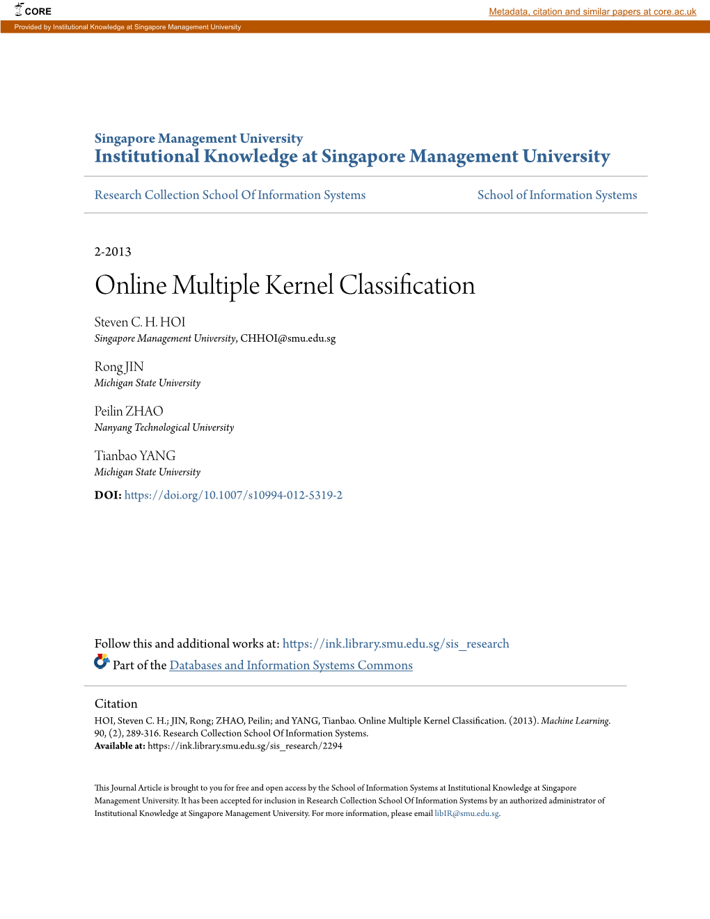 Online Multiple Kernel Classification Steven C