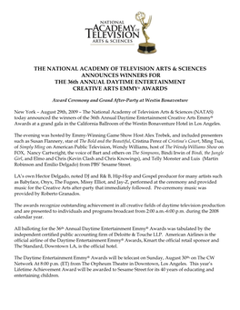 THE NATIONAL ACADEMY of TELEVISION ARTS & SCIENCES ANNOUNCES WINNERS for the 36Th ANNUAL DAYTIME ENTERTAINMENT CREATIVE