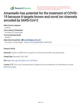 19 Because It Targets Known and Novel Ion Channels Encoded by SARS-Cov-2