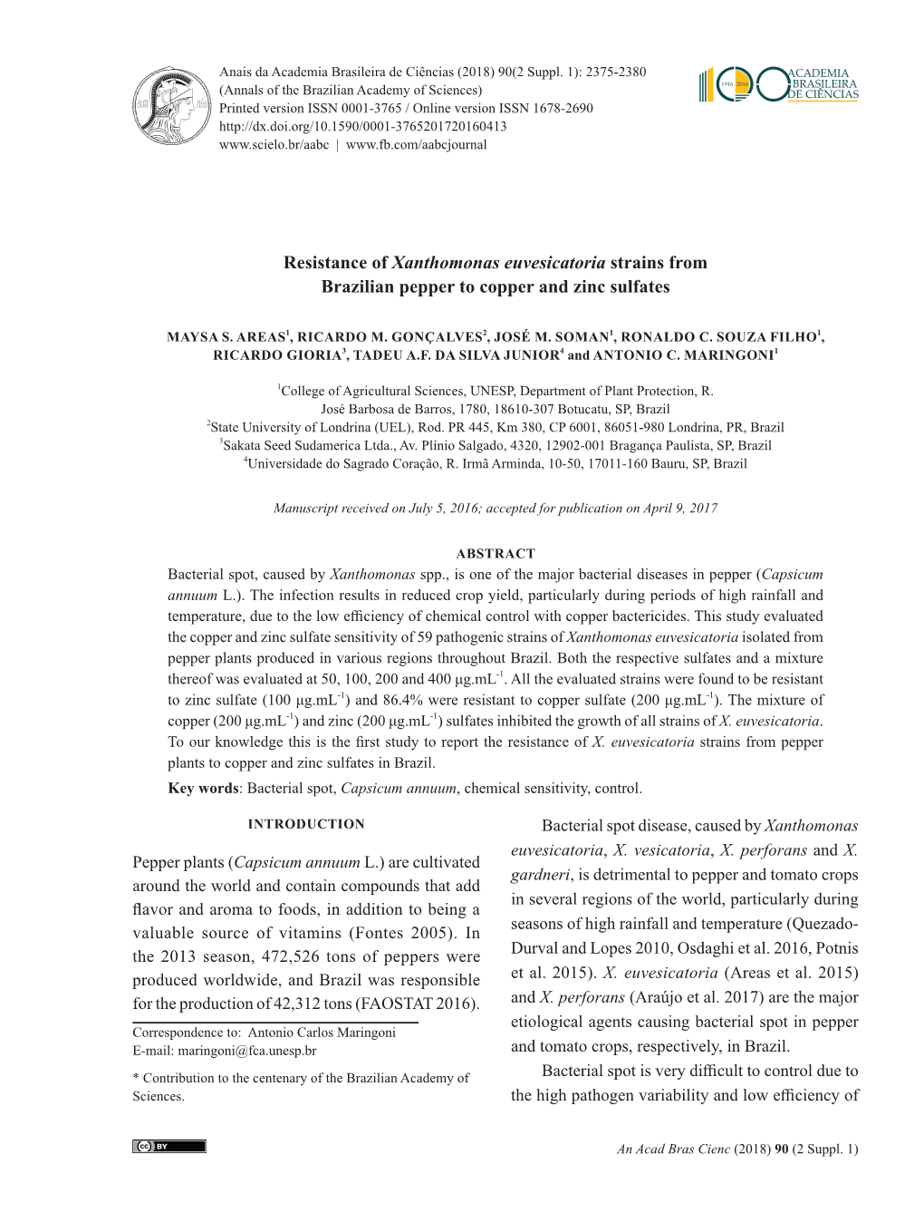 Resistance of Xanthomonas Euvesicatoria Strains from Brazilian Pepper to Copper and Zinc Sulfates