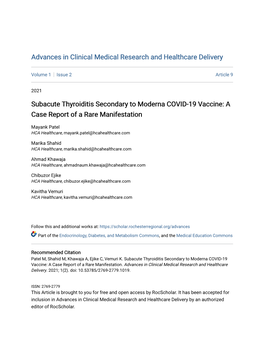 Subacute Thyroiditis Secondary to Moderna COVID-19 Vaccine: a Case Report of a Rare Manifestation