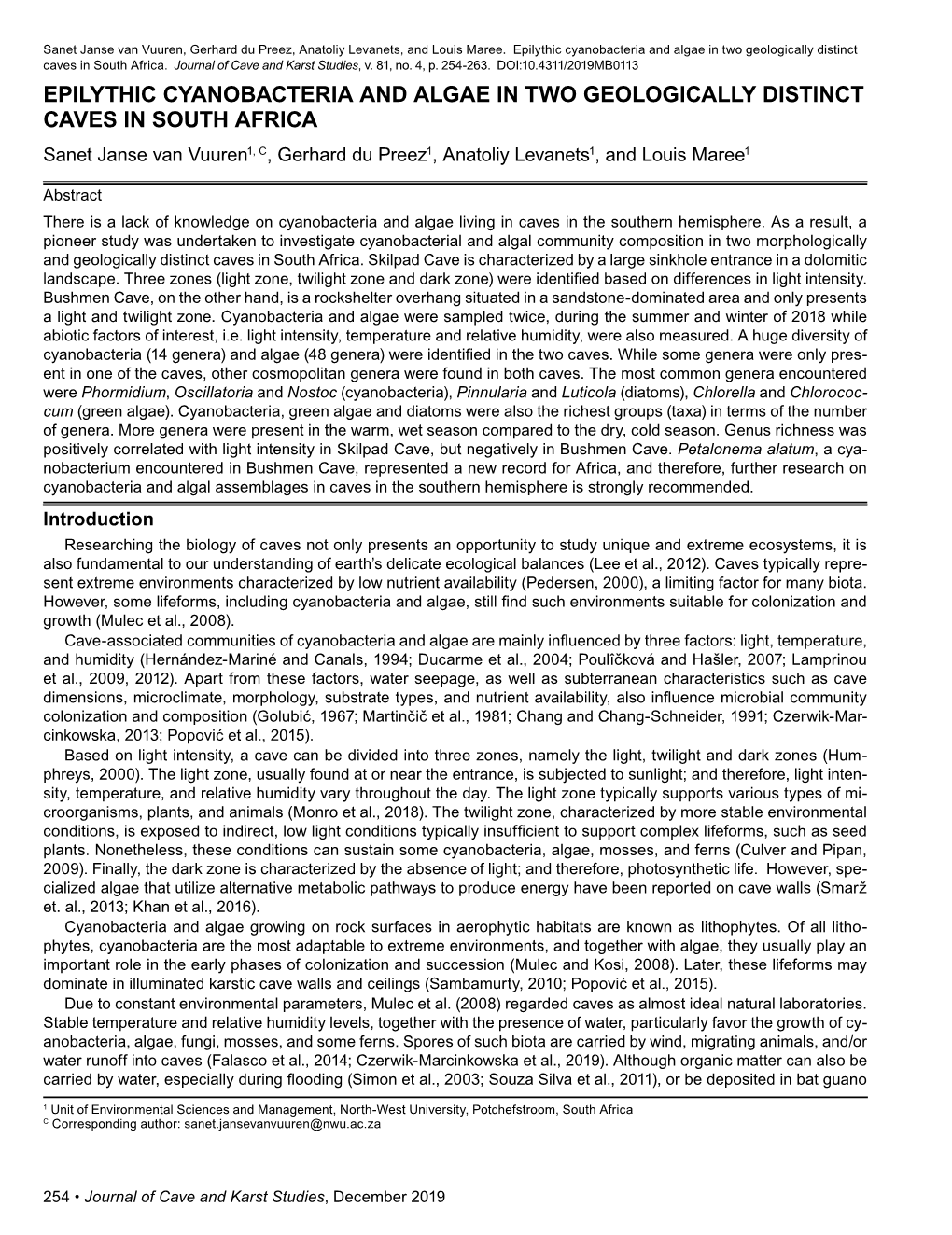 Epilythic Cyanobacteria and Algae in Two Geologically Distinct Caves in South Africa