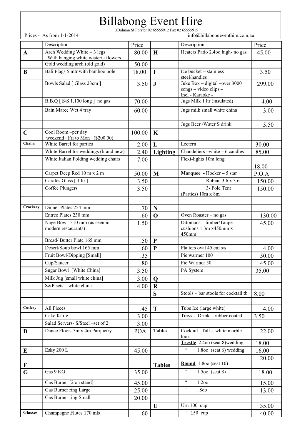 Billabong Event Hire Pricelist - Small Items 2014