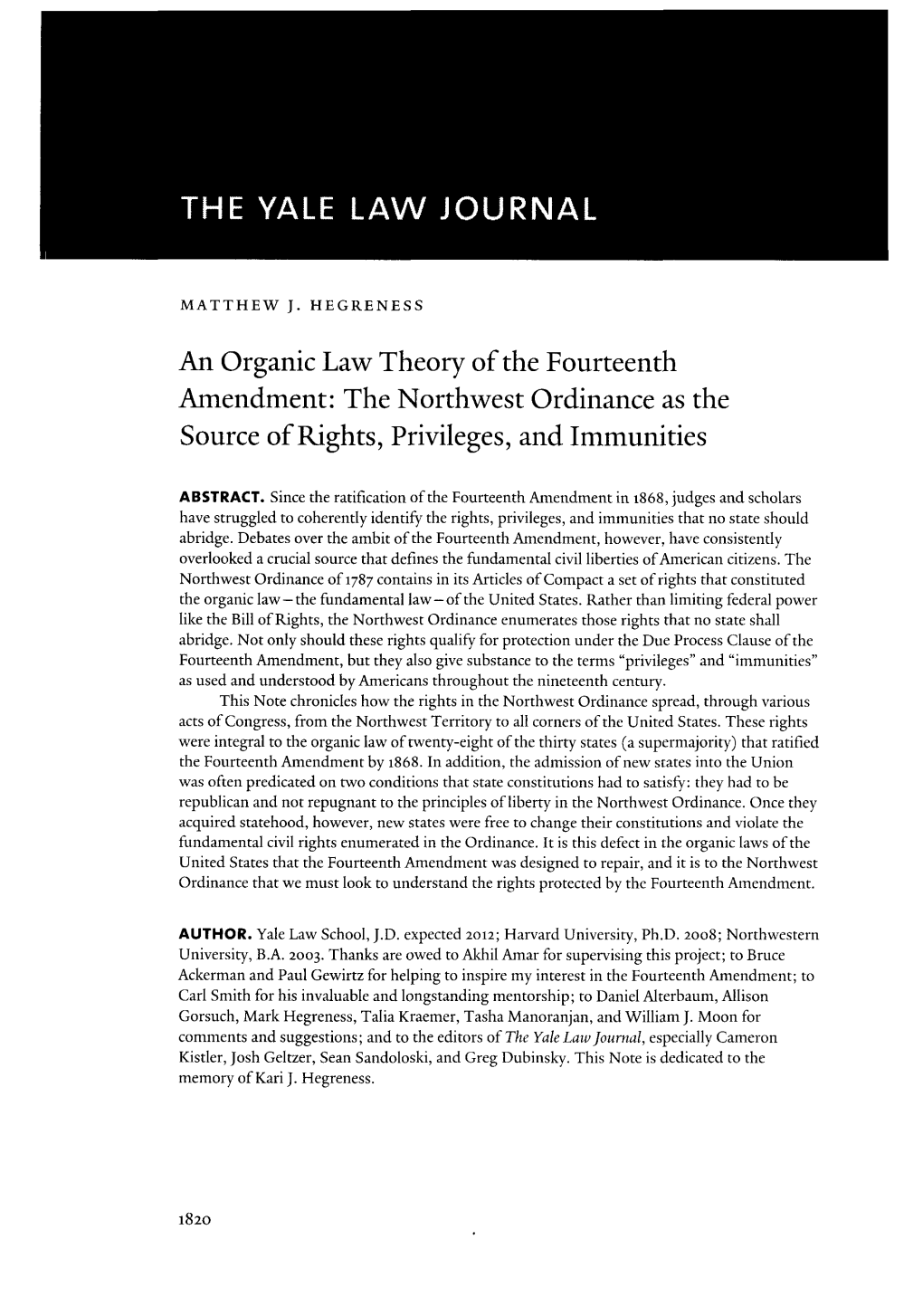 An Organic Law Theory of the Fourteenth Amendment: the Northwest Ordinance As the Source of Rights, Privileges, and Immunities