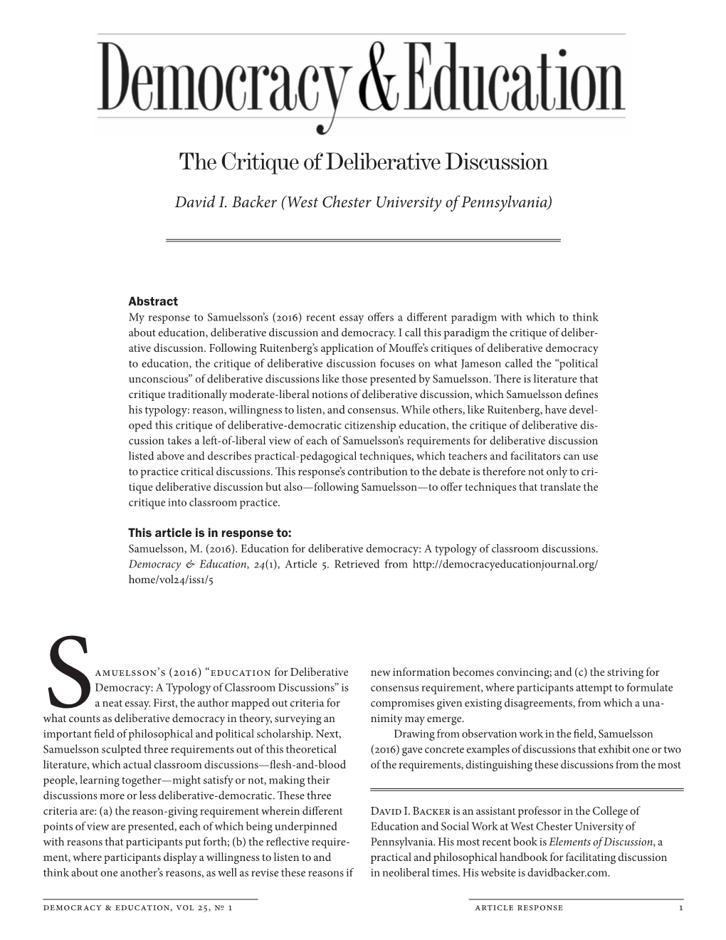 The Critique of Deliberative Discussion. a Response to Â•Œeducation for Deliberative Democracy: a Typology of Classroom Disc