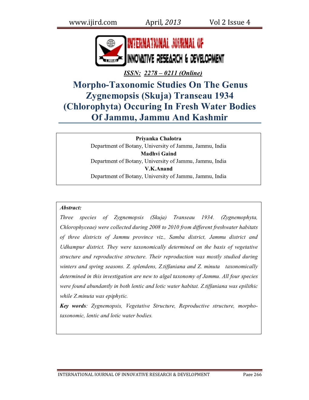 (Skuja) Transeau 1934 (Chlorophyta) Occuring in Fresh Water Bodies of Jammu, Jammu and Kashmir