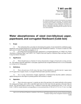 Paper, Paperboard, and Corrugated Fiberboard (Cobb Test)