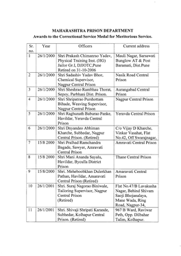 MAHARASHTRA PRISON DEPARTMENT Awards to the Correctional Service Medal for Meritorious Service