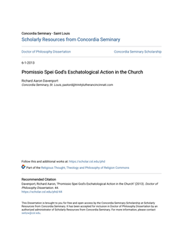 Promissio Spei God's Eschatological Action in the Church