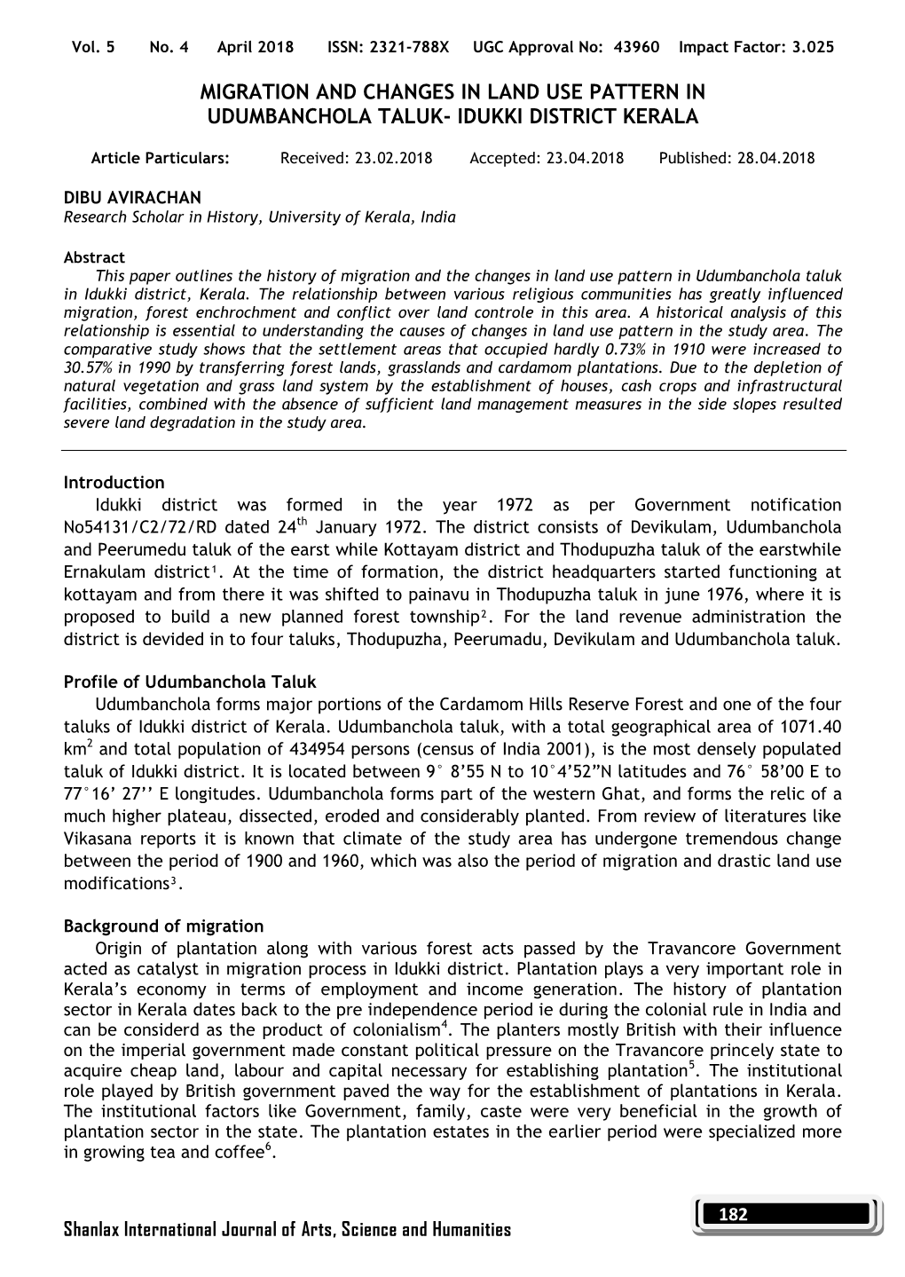 Migration and Changes in Land Use Pattern in Udumbanchola Taluk- Idukki District Kerala