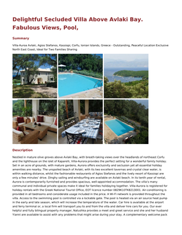 Delightful Secluded Villa Above Avlaki Bay. Fabulous Views, Pool