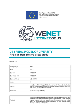 D1.3 FINAL MODEL of DIVERSITY: Findings from the Pre-Pilots Study