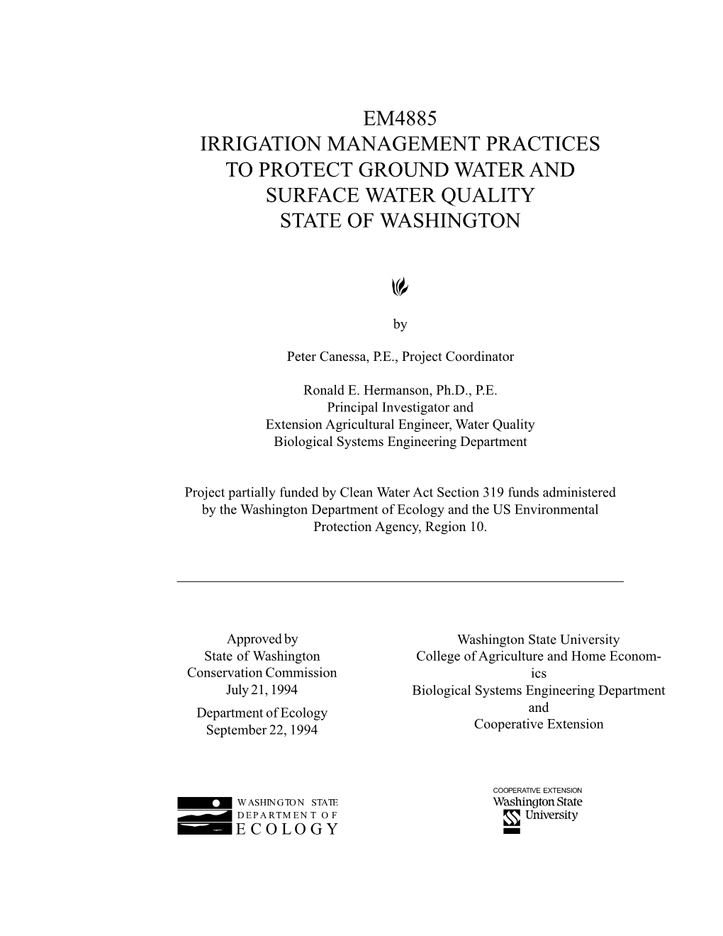 Em4885 Irrigation Management Practices to Protect Ground Water and Surface Water Quality State of Washington