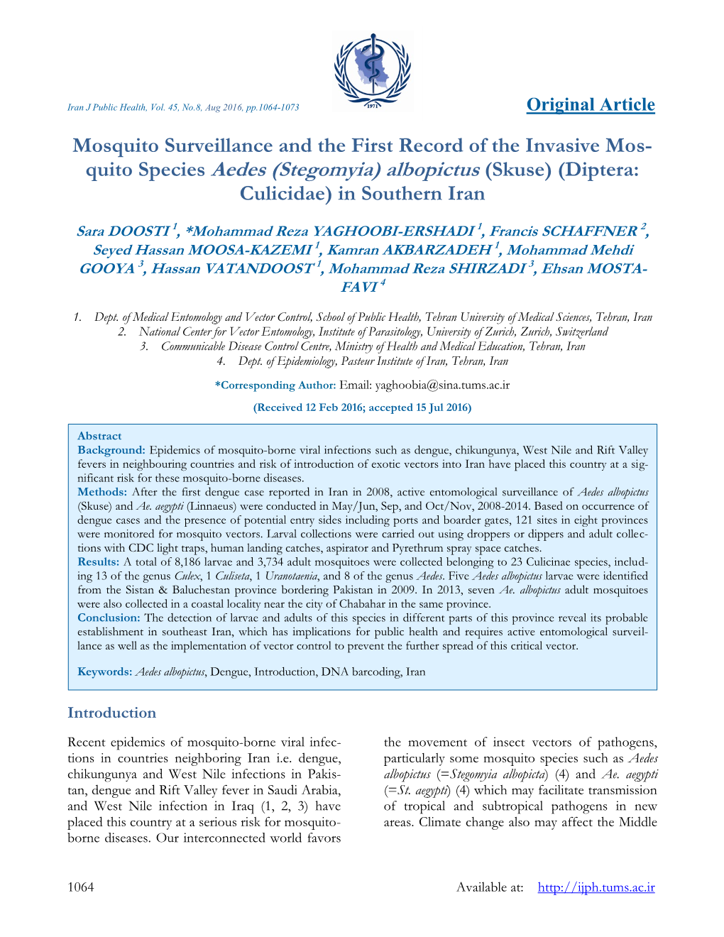 Quito Species Aedes (Stegomyia) Albopictus (Skuse) (Diptera: Culicidae) in Southern Iran