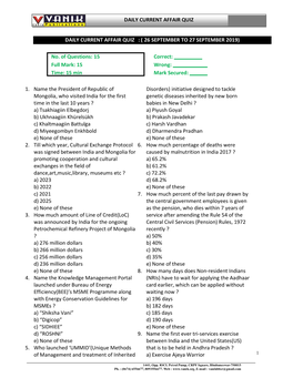 No. of Questions: 15 Correct: Full Mark: 15 Wrong: Time: 15 Min Mark Secured