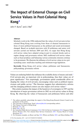 The Impact of External Change on Civil Service Values in Post-Colonial Hong Kong* John P