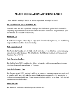 Major Legislation Affecting Labor