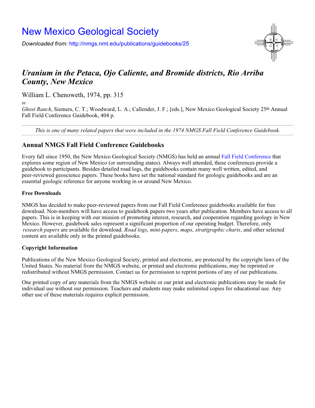 Uranium in the Petaca, Ojo Caliente, and Bromide Districts, Rio Arriba County, New Mexico William L