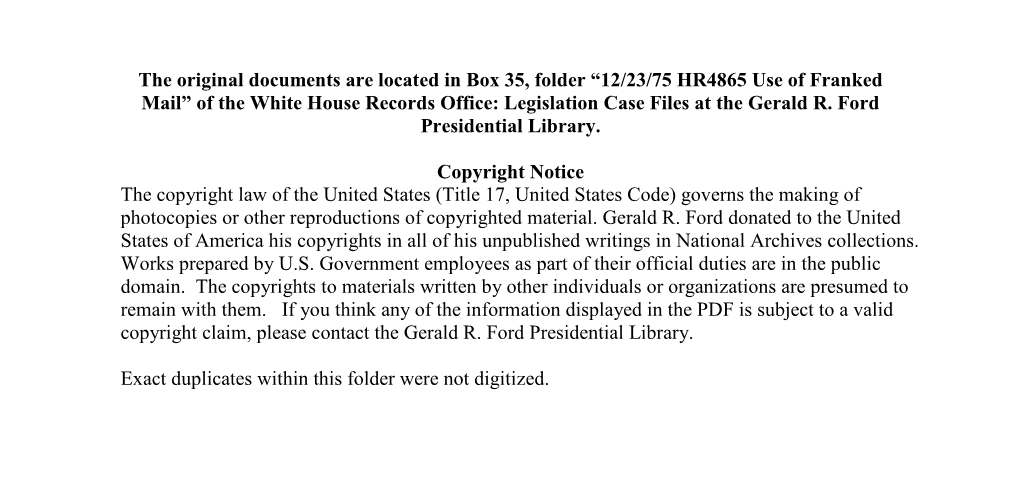 12/23/75 HR4865 Use of Franked Mail” of the White House Records Office: Legislation Case Files at the Gerald R