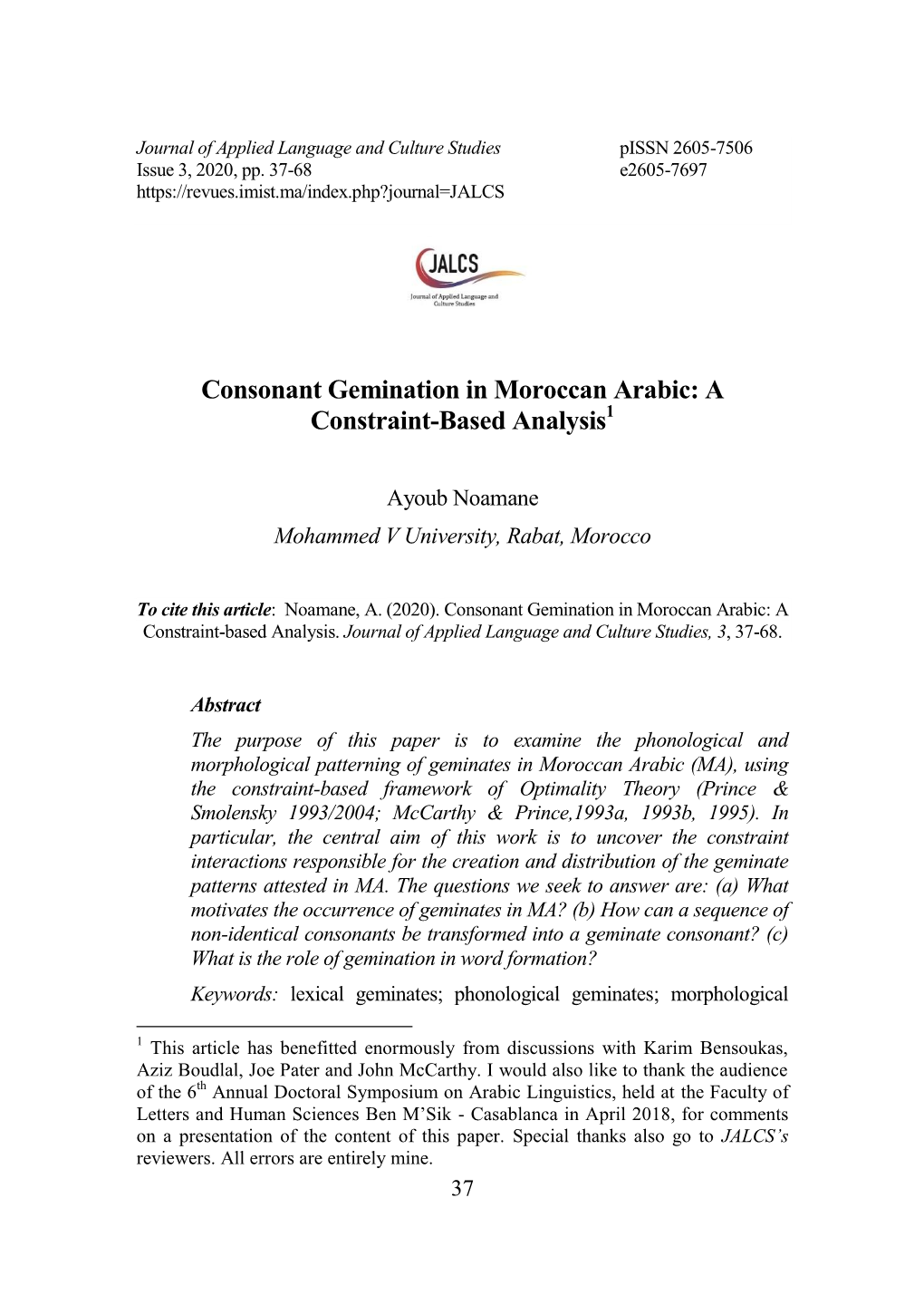 Consonant Gemination in Moroccan Arabic: a Constraint-Based Analysis1