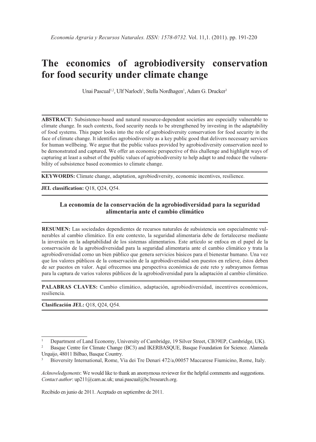 The Economics of Agrobiodiversity Conservation for Food Security Under Climate Change