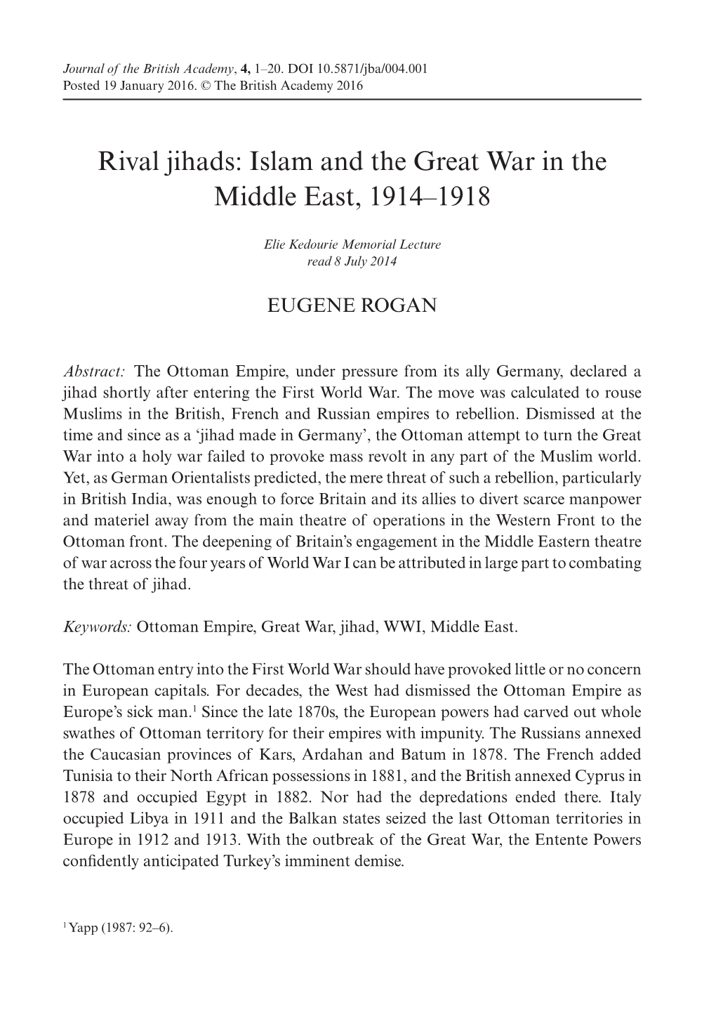 Islam and the Great War in the Middle East, 1914–1918