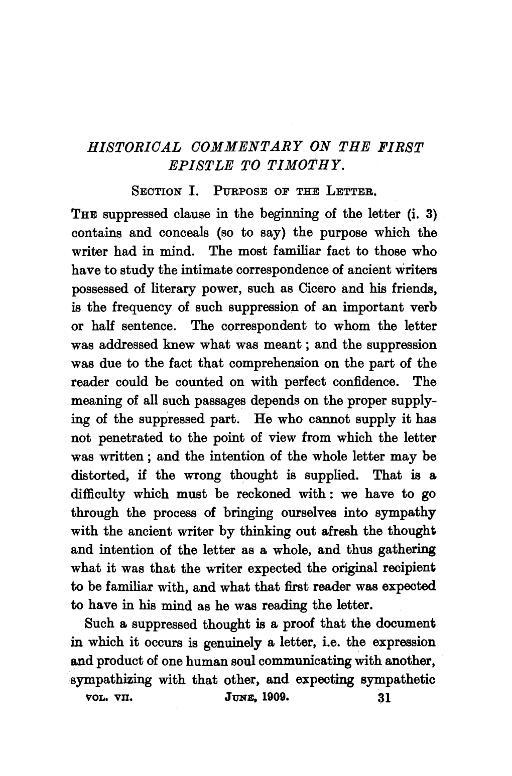 HISTORICAL COMMENTARY on the FIRST EPISTLE to TIMOTHY. the Suppressed Clause in the Beginning of the Letter