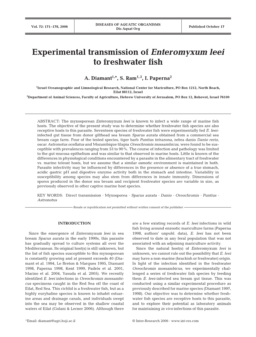 Experimental Transmission of Enteromyxum Leei to Freshwater Fish