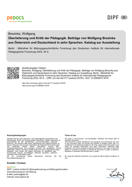 Überlieferung Und Kritik Der Pädagogik. Beiträge Von Wolfgang Brezinka Aus Österreich Und Deutschland in Zehn Sprachen