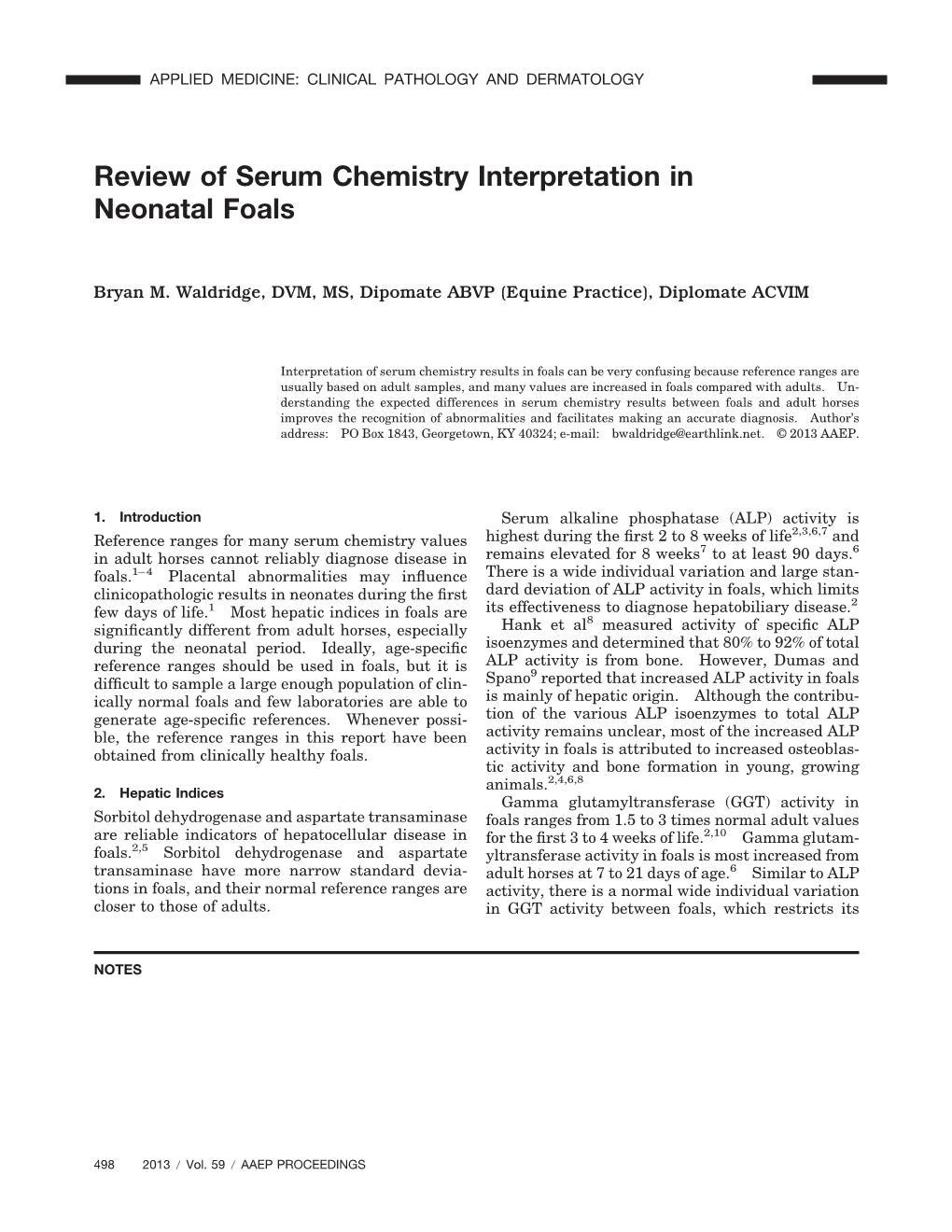 Review of Serum Chemistry Interpretation in Neonatal Foals