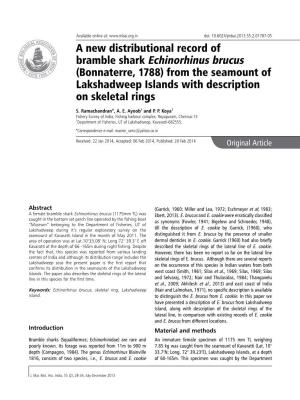A New Distributional Record of Bramble Shark Echinorhinus Brucus (Bonnaterre, 1788) from the Seamount of Lakshadweep Islands with Description on Skeletal Rings
