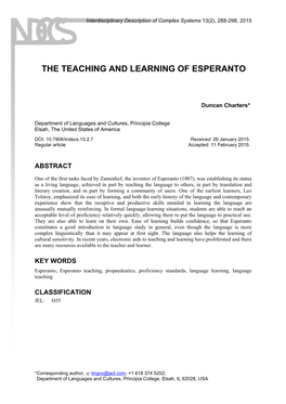 The Teaching and Learning of Esperanto
