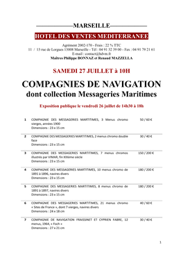 COMPAGNIES DE NAVIGATION Dont Collection Messageries Maritimes