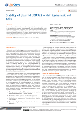 Stability of Plasmid Pbr322 Within Escherichia Coli Cells