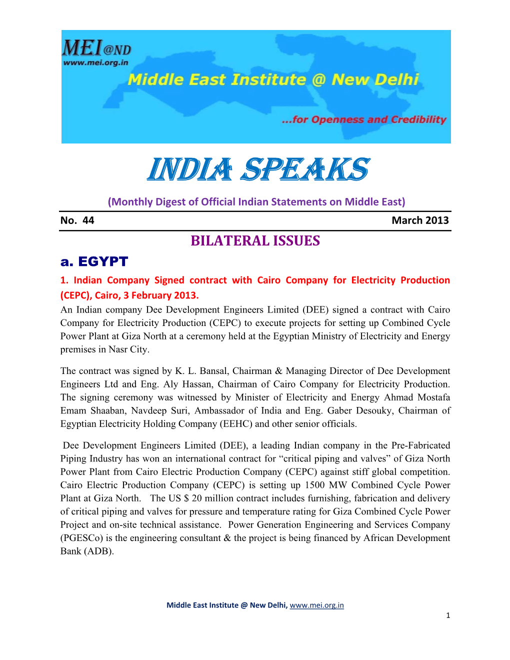 INDIA SPEAKS (Monthly Digest of Official Indian Statements on Middle East) No