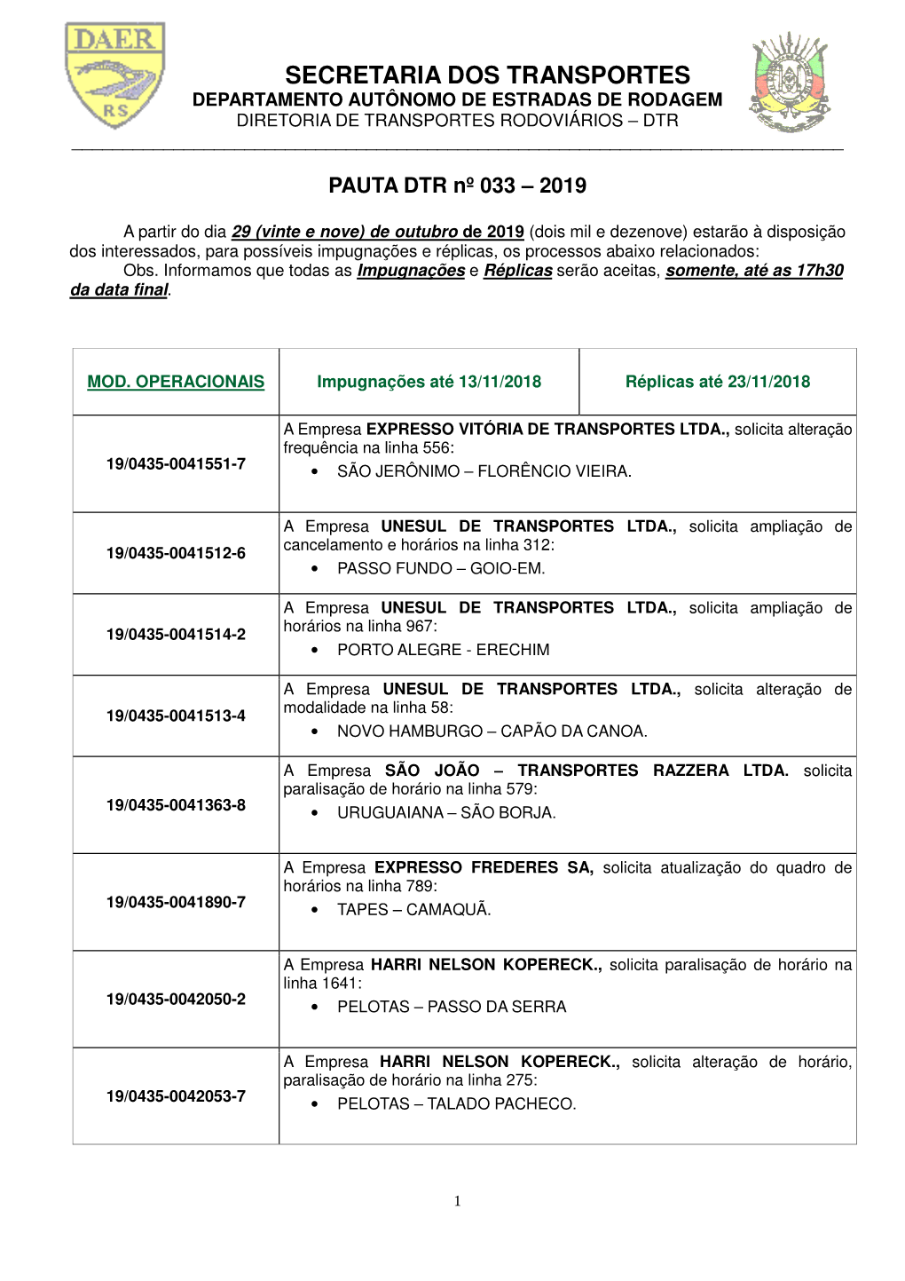 Secretaria Dos Transportes Departamento Autônomo De Estradas De Rodagem Diretoria De Transportes Rodoviários – Dtr ______