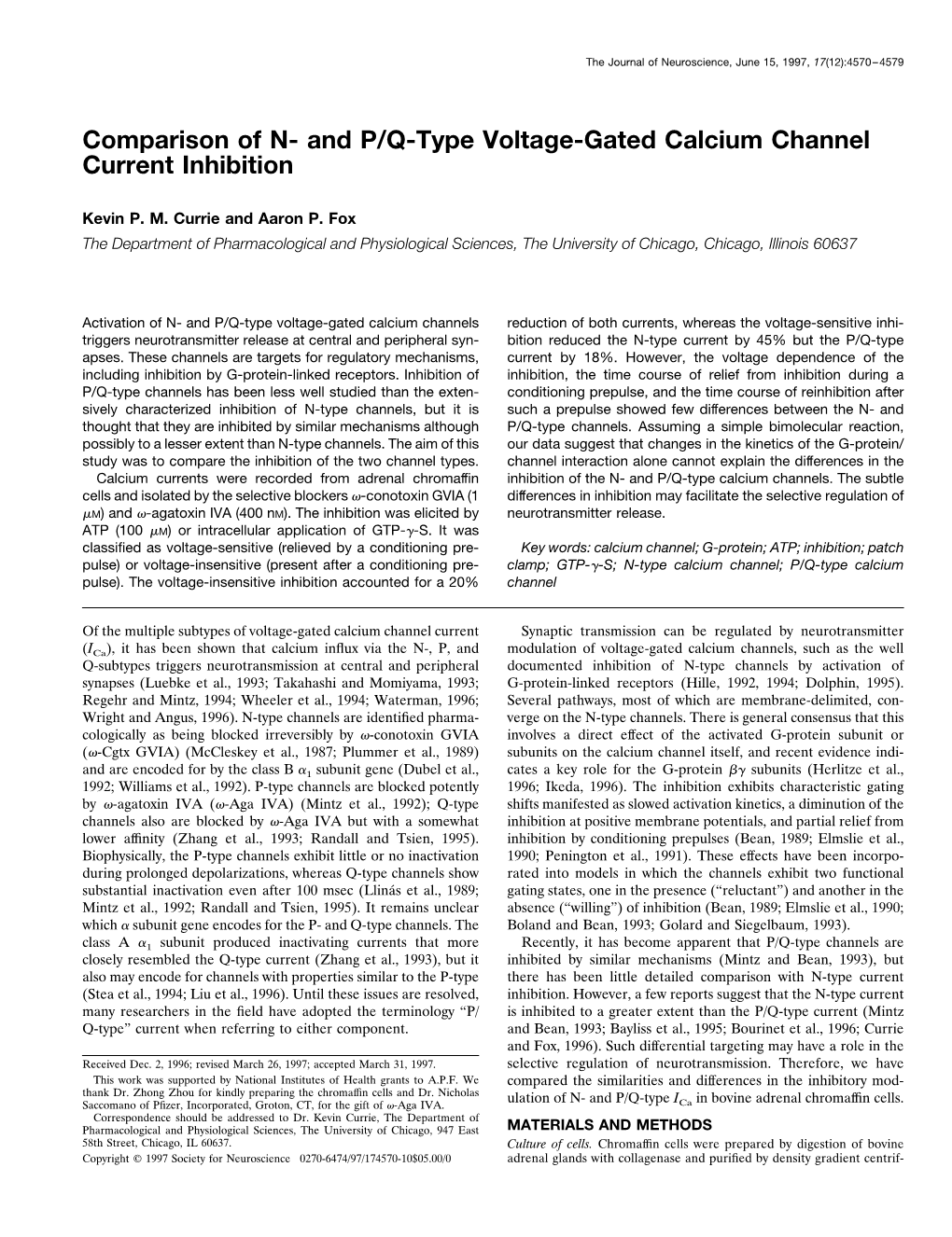 And P/Q-Type Voltage-Gated Calcium Channel Current Inhibition