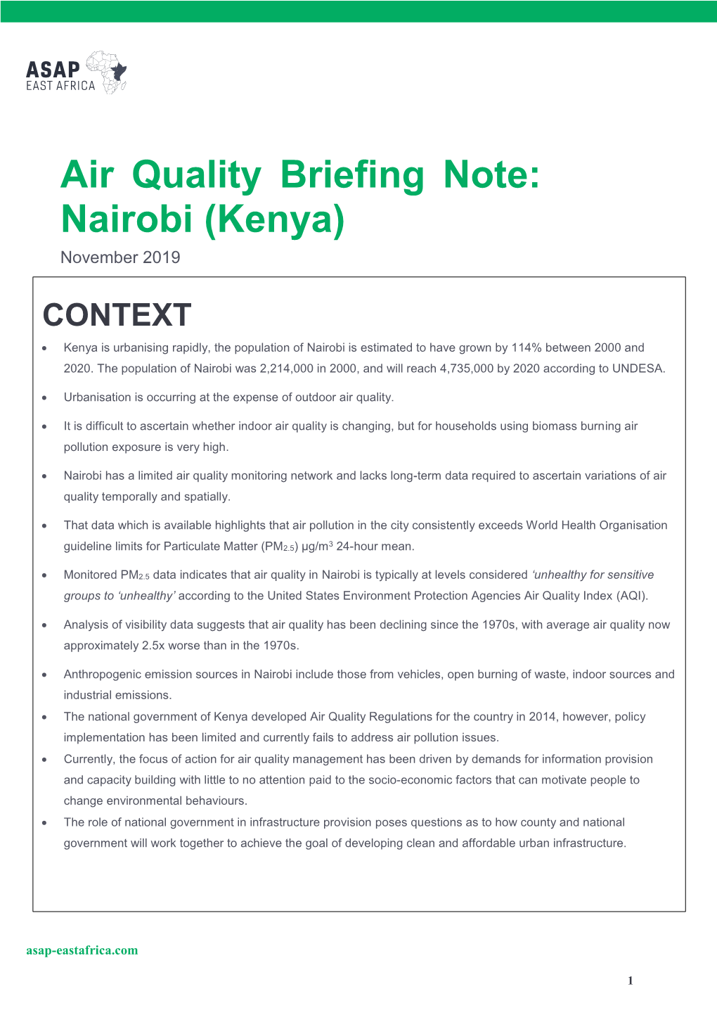 Air Quality Briefing Note: Nairobi (Kenya) November 2019