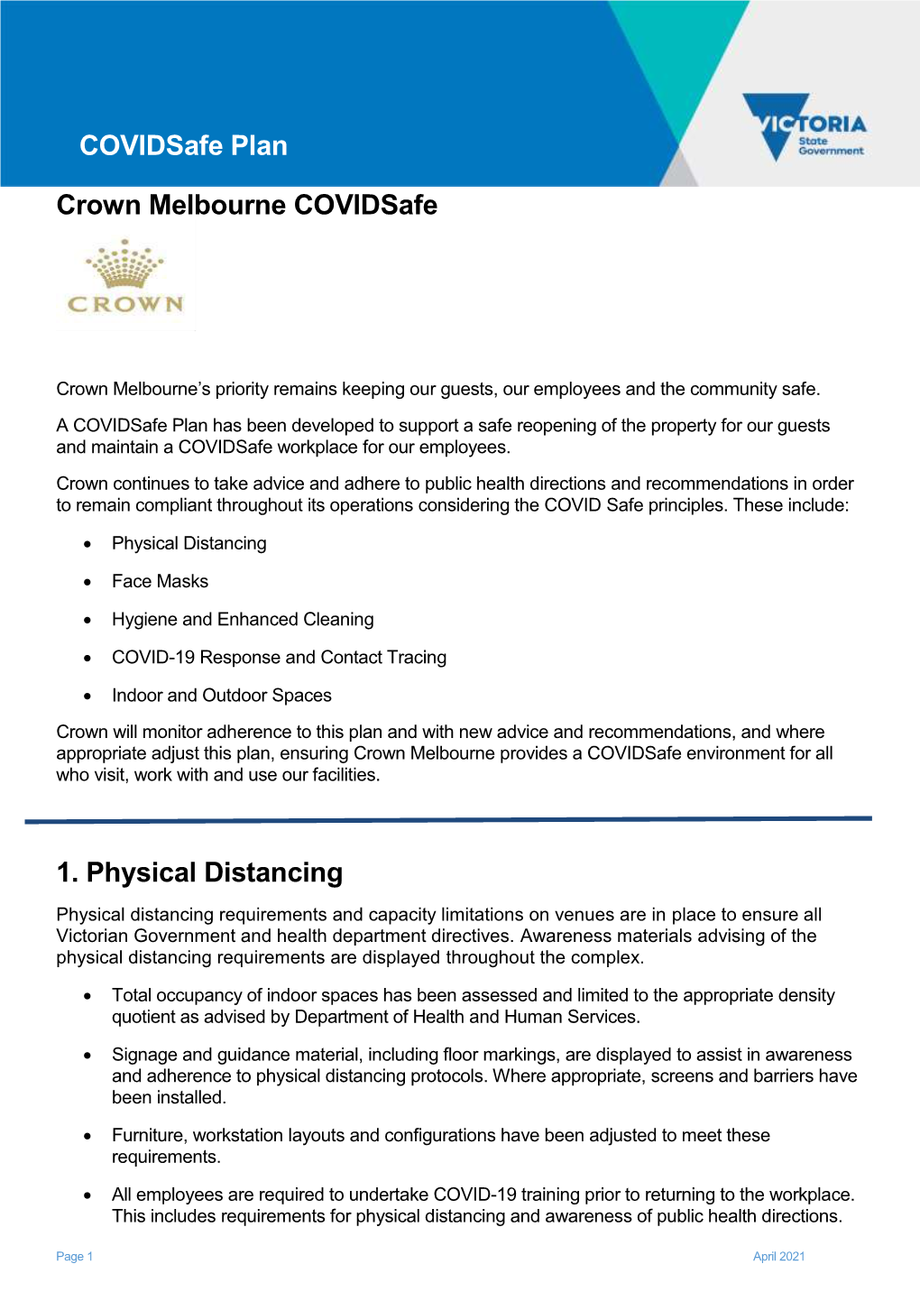 Crown Melbourne Covidsafe Plan 2021