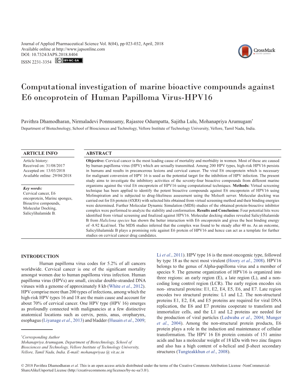 Computational Investigation of Marine Bioactive Compounds Against E6 Oncoprotein of Human Papilloma Virus-HPV16