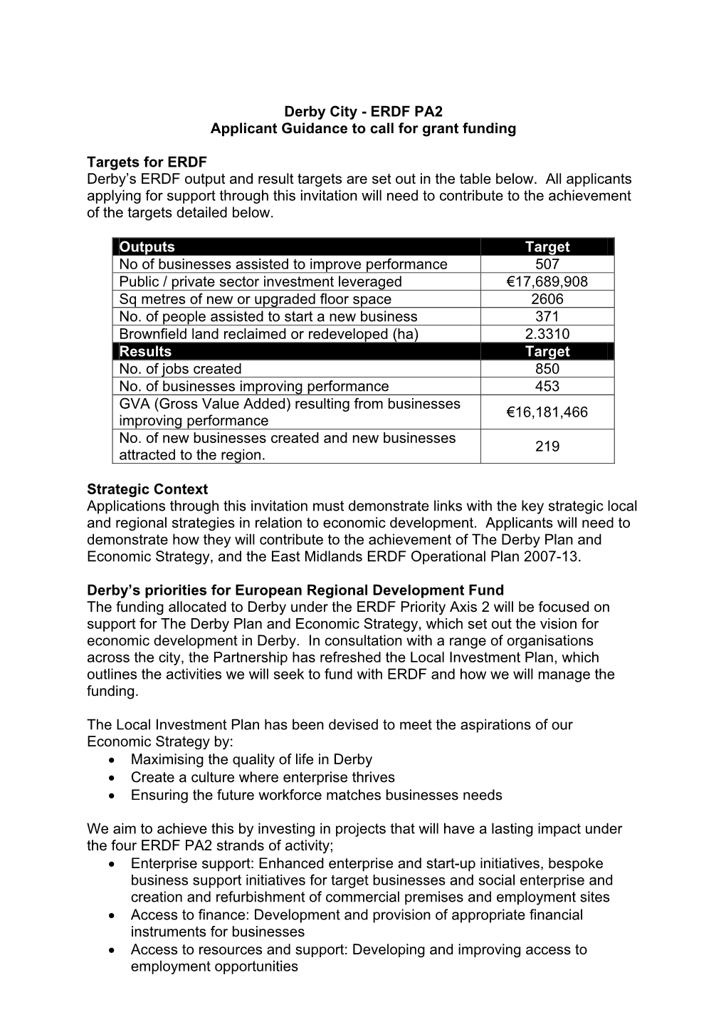 Derby City - ERDF PA2 Applicant Guidance to Call for Grant Funding