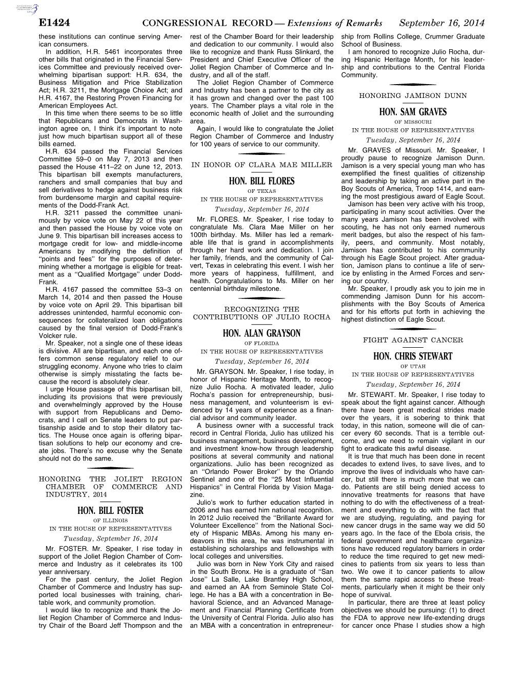 Extensions of Remarks E1424 HON. BILL FOSTER HON. BILL FLORES