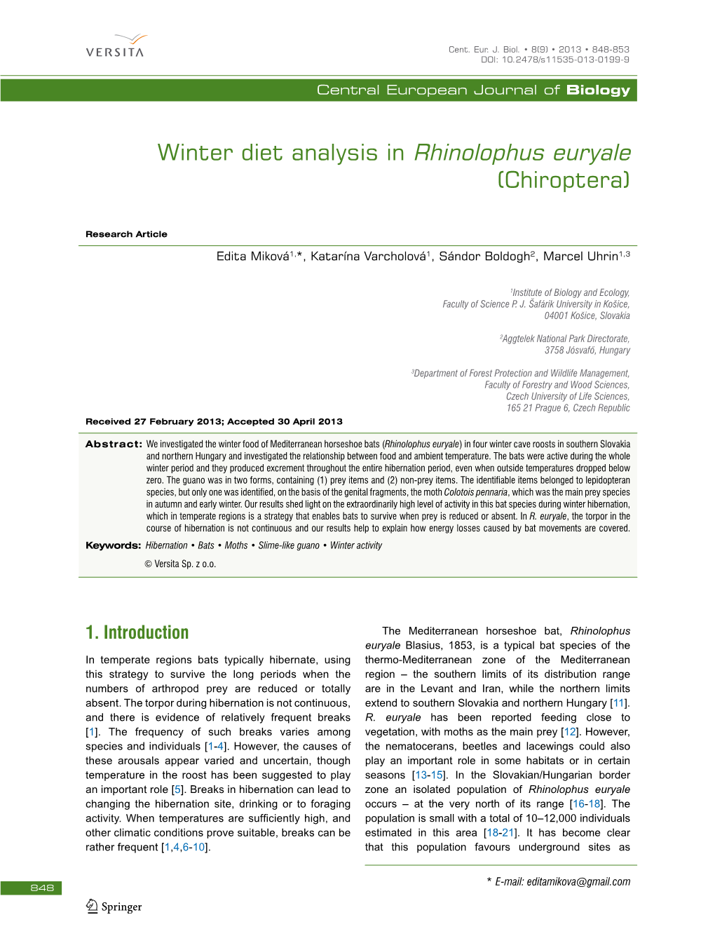 Winter Diet Analysis in Rhinolophus Euryale (Chiroptera)