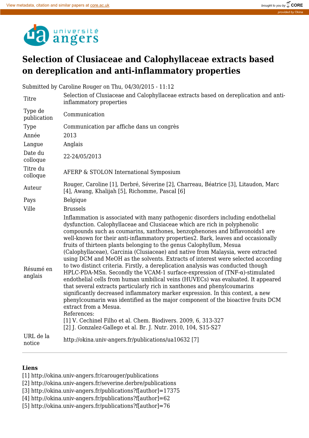 Selection of Clusiaceae and Calophyllaceae Extracts Based on Dereplication and Anti-Inflammatory Properties