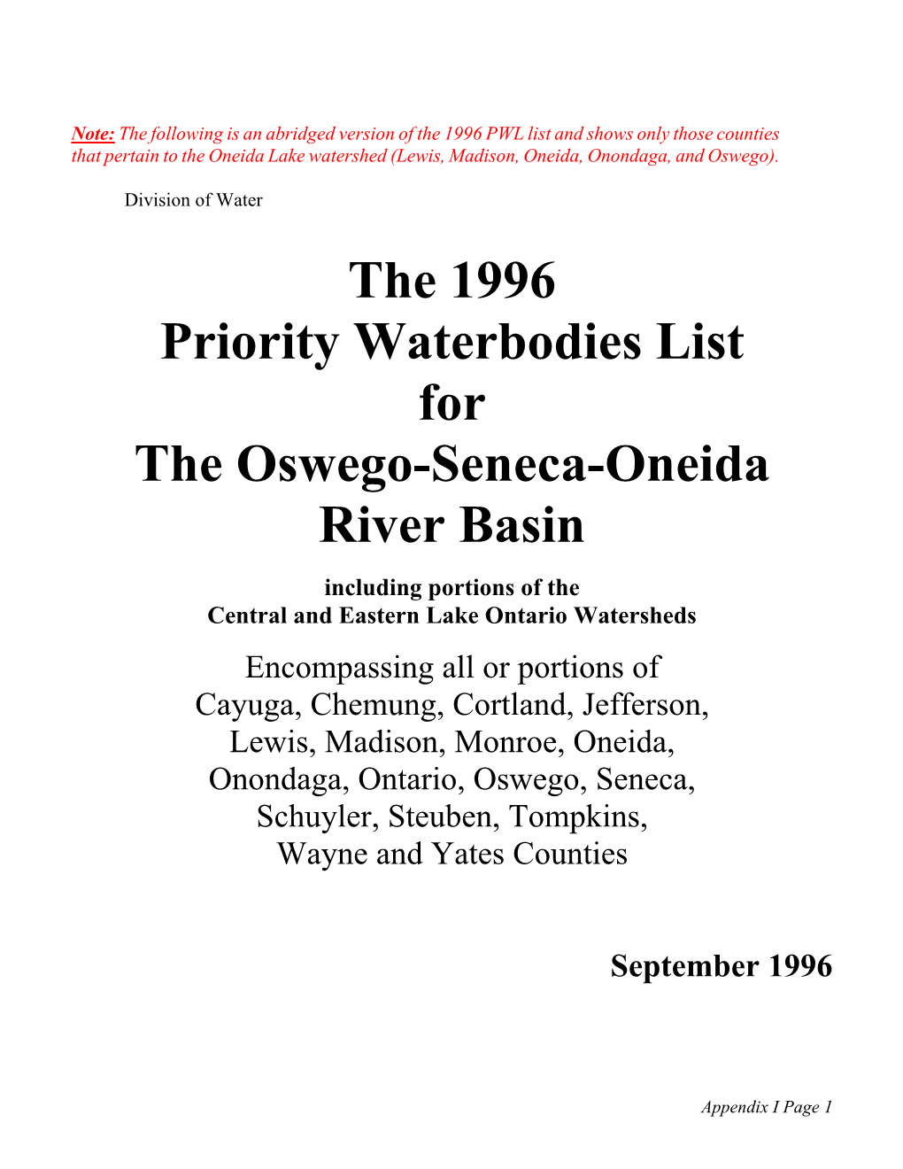 The 1996 Priority Waterbodies List for the Oswego-Seneca-Oneida River Basin