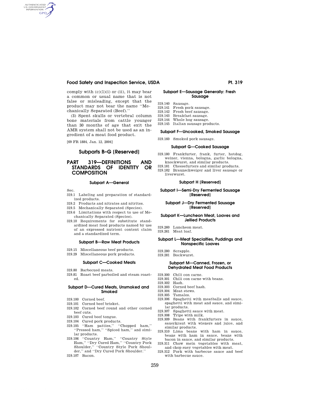 261 Subpart B—Raw Meat Products Subpart C—Cooked Meats