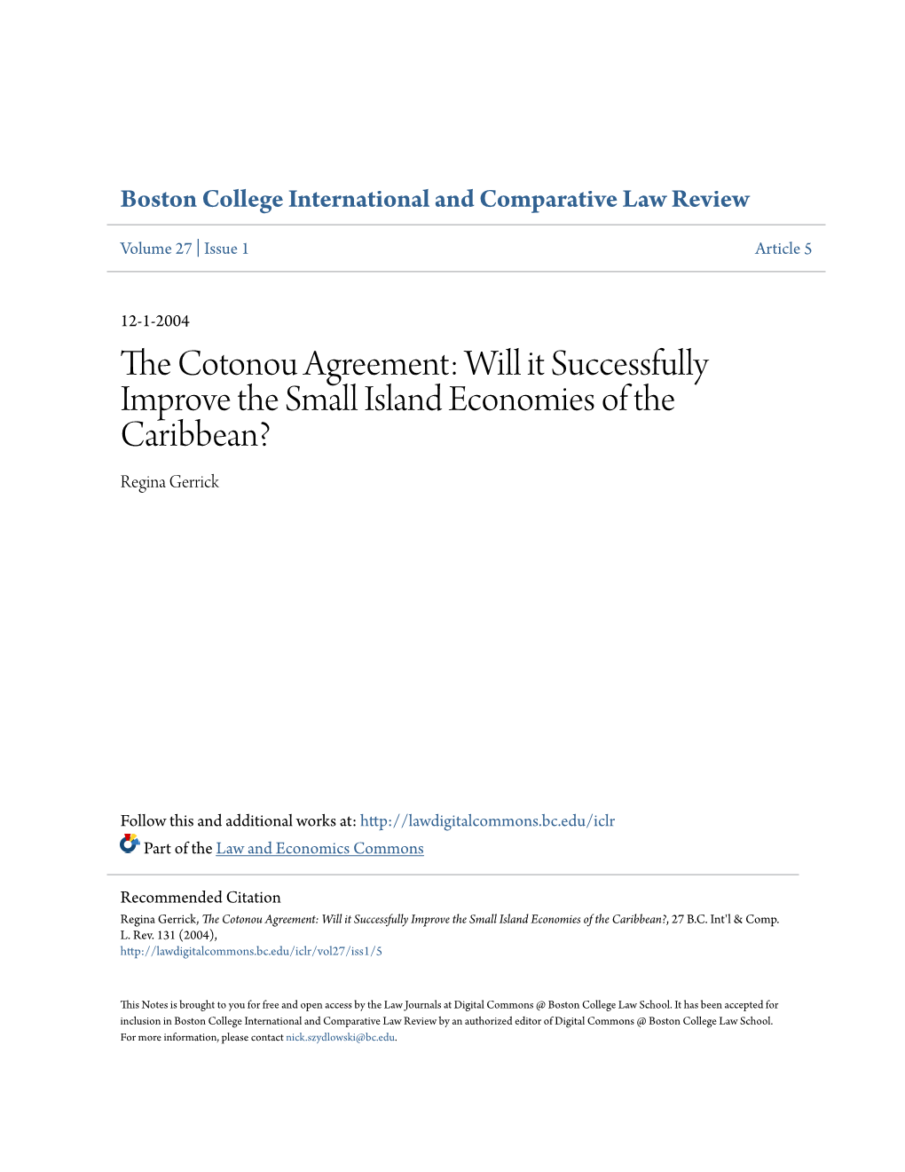 The Cotonou Agreement: Will It Successfully Improve the Small Island Economies of the Caribbean?, 27 B.C